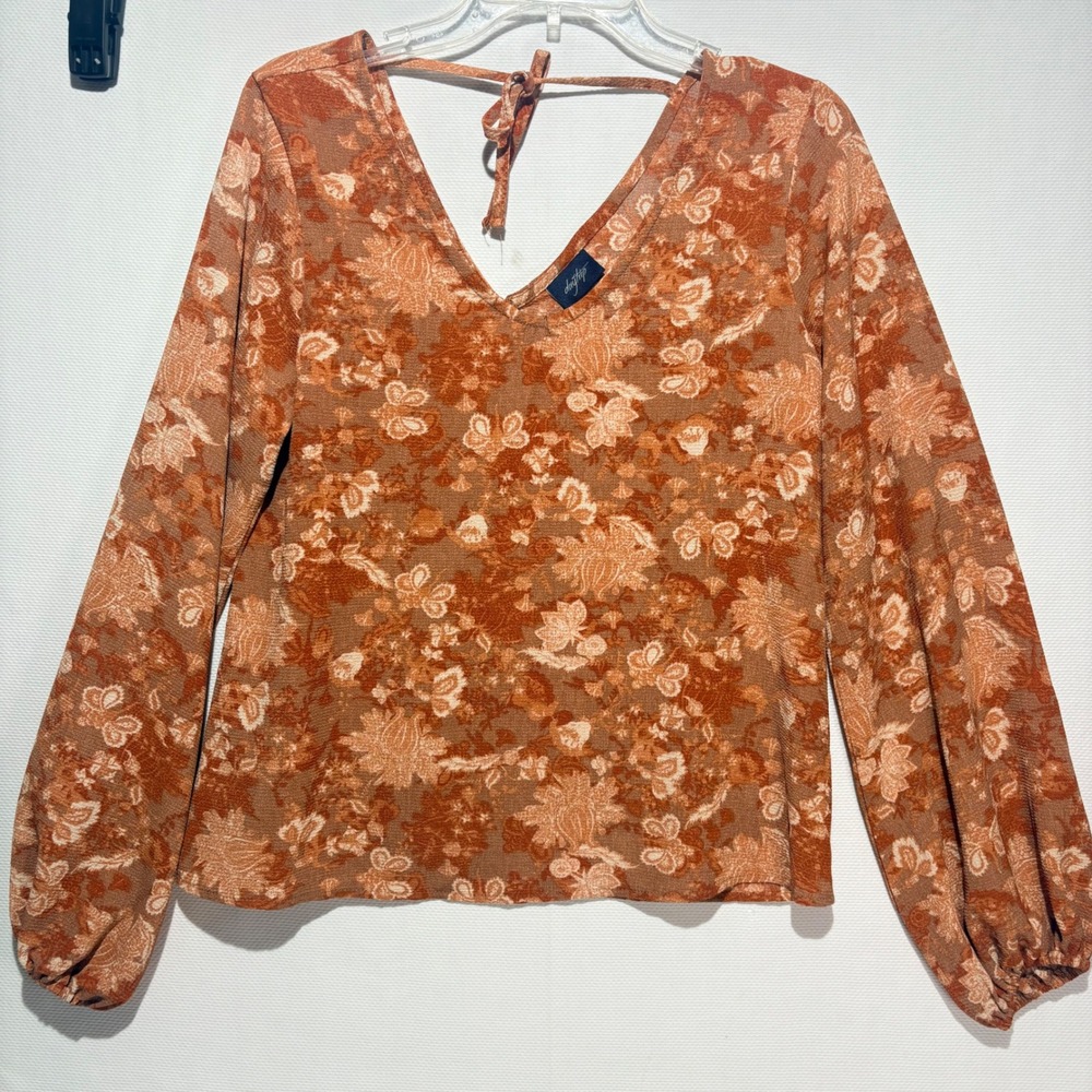 Sky And Sparrow Womens Terracotta Floral Butterfly V-Neck Balloon Sleeve Top L - Picture 1 of 3